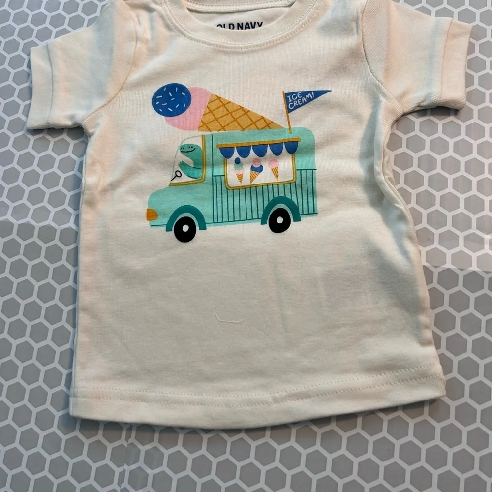 NWT Old Navy Cream Pajama Set Teal Dinosaur & Pink Ice Cream Accents Size 6-12M